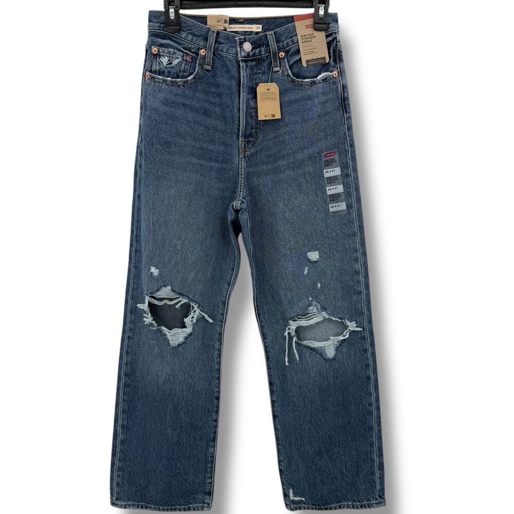 Levi's Ribcage Straight Ankle Jeans SZ 28 Distressed Ribbed knee High Waist